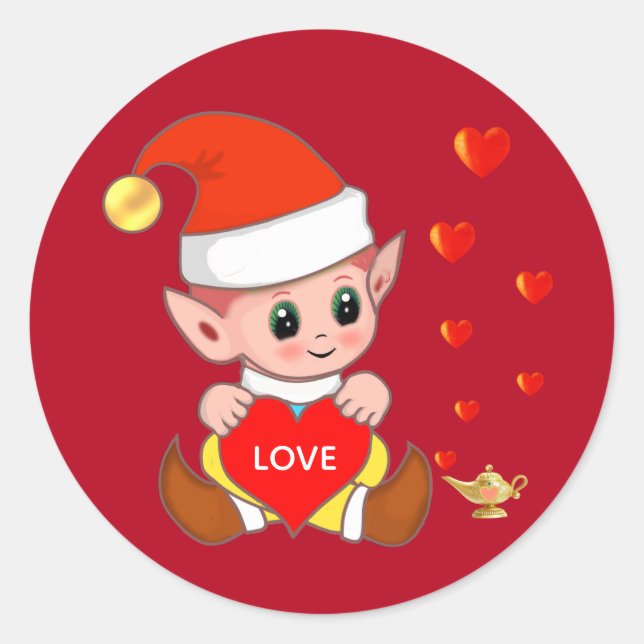Cute elf with love hearts on red classic round sticker (Front)
