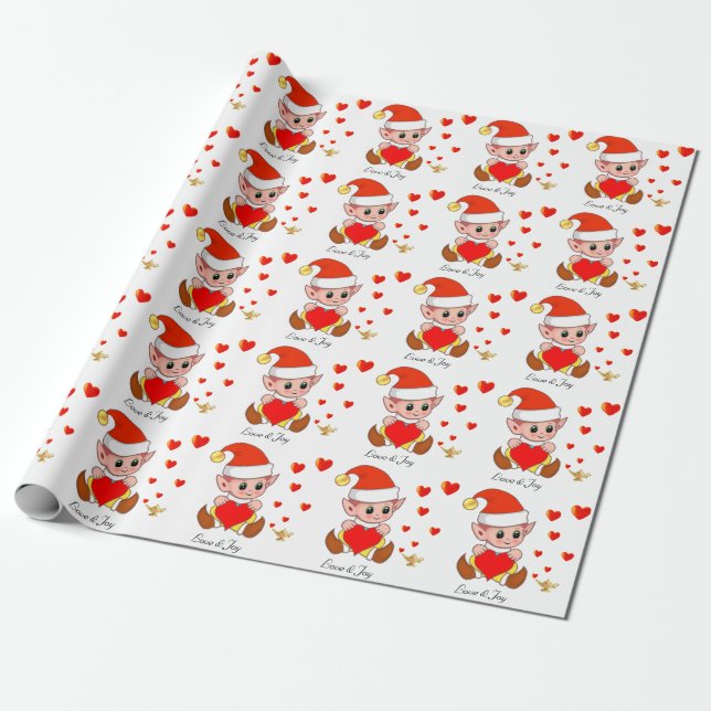 Cute elf with love hearts on white background wrapping paper (Unrolled)