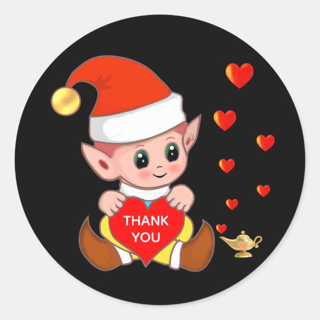 Cute elf with love hearts Thank You Classic Round  Classic Round Sticker (Front)