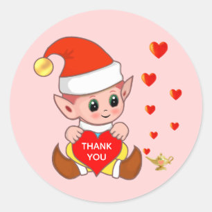 Cute elf with love hearts Thank You Classic Round Sticker