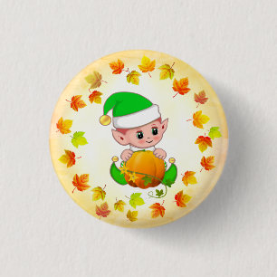 Cute Elf with Pumpkin and Holiday Fall Leaves 3 Cm Round Badge
