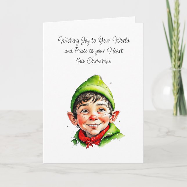 Cute Elfish Boy | Joy to your World Christmas Card (Front)