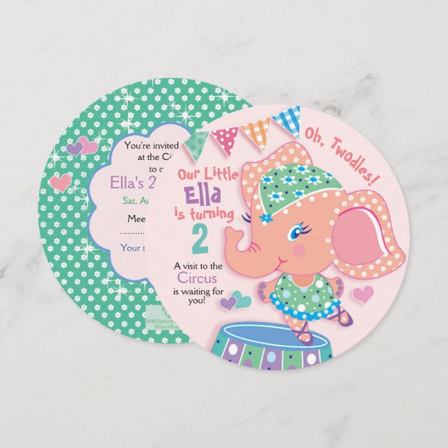 Cute Elle Elephant, 2nd Birthday, Circus Party Invitation (Front/Back)