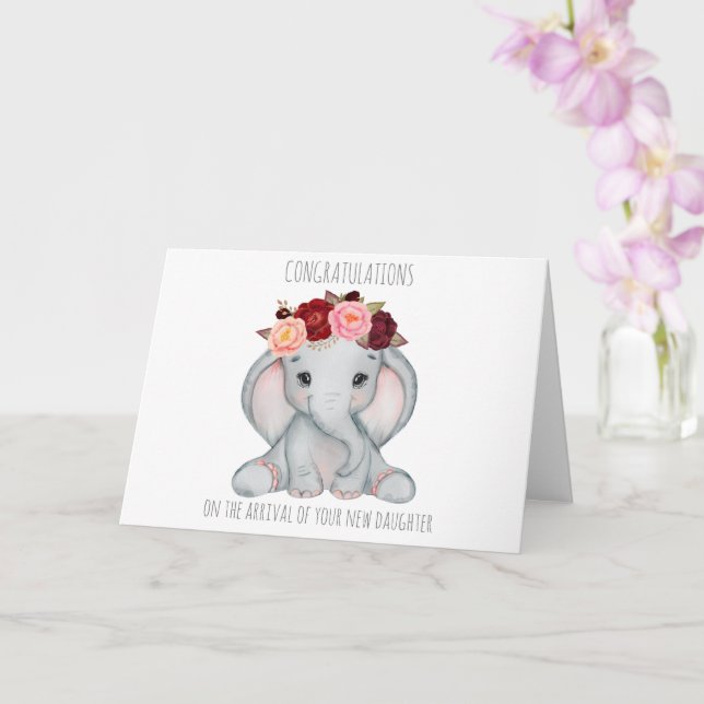 Cute Ellie new baby card for a girl (Orchid)