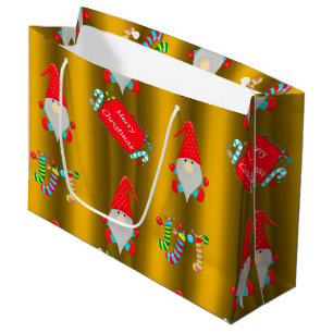 Cute Elves Golden Christmas Large Gift Bag