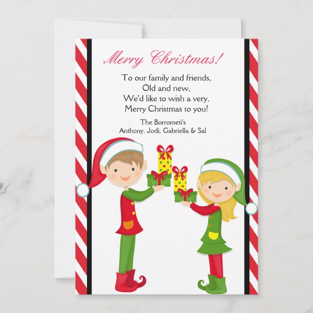 Cute Elves With Gifts Christmas Card (Front)