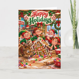 Cute Elves & Wonky Gingerbread House Funny Holiday Card