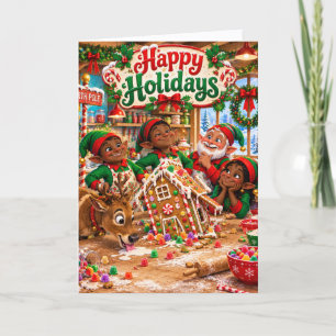 Cute Elves & Wonky Gingerbread House Funny Holiday Card