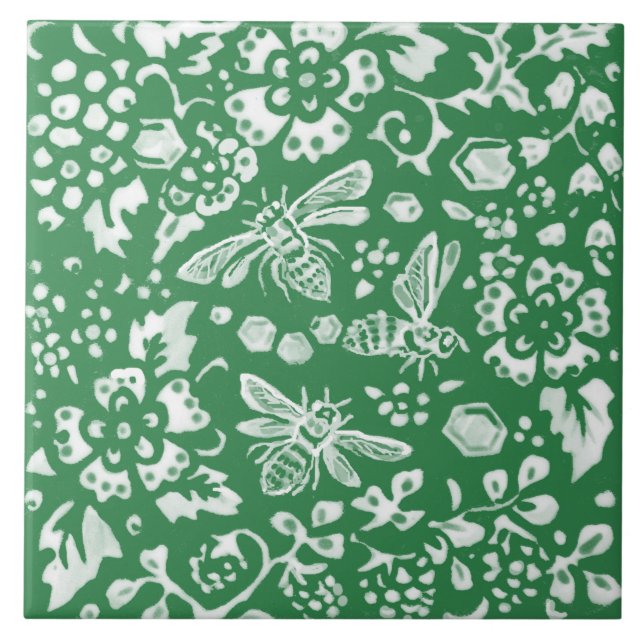 Cute Emerald Green Bee Beehive Floral Garden Tile (Front)