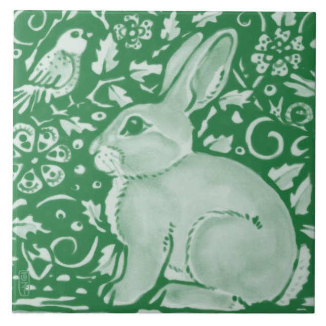 Cute Emerald Green Rabbit Bunny Floral Garden Cera Tile (Front)