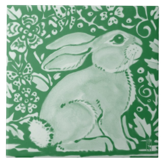 Cute Emerald Green Rabbit Bunny Floral Garden Tile (Front)