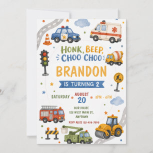 Cute Emergency & Construction Vehicles Birthday Invitation