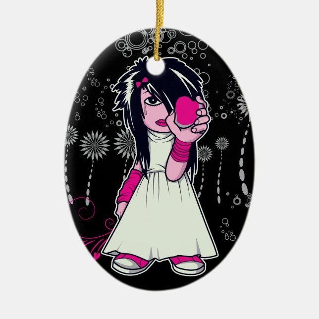 cute emo girl holding heart vector art ceramic tree decoration (Front)