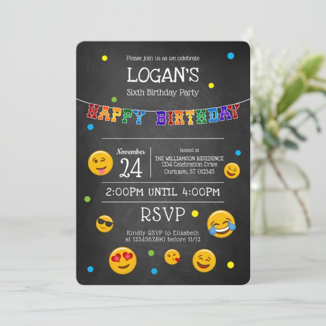Cute Emoji Chalkboard Birthday Party Invitation (Standing Front)