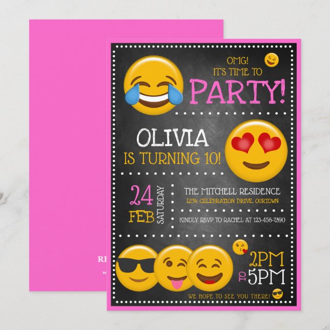 Cute Emoji Girl's Birthday Party Invitations (Front/Back)