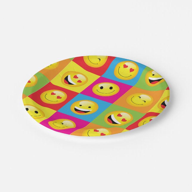 Cute Emoji Party Emoticon Faces Chequerboard Paper Plate (Angled)