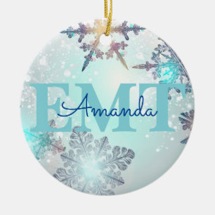 Cute EMT Ice Blue Snowflake Personalised Name  Ceramic Tree Decoration