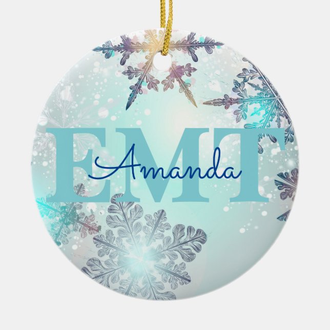 Cute EMT Ice Blue Snowflake Personalized Name  Ceramic Tree Decoration (Front)