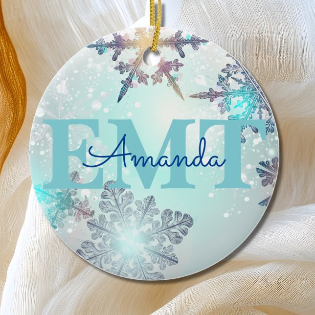 Cute EMT Ice Blue Snowflake Personalized Name  Ceramic Tree Decoration (Creator Uploaded)