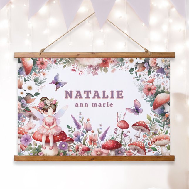 Cute Enchanted Fairy Garden Personalised Name Hanging Tapestry (Enchanted Fairycore Garden Custom Name Tapestry Wall Art Brown Hair Fairy.)
