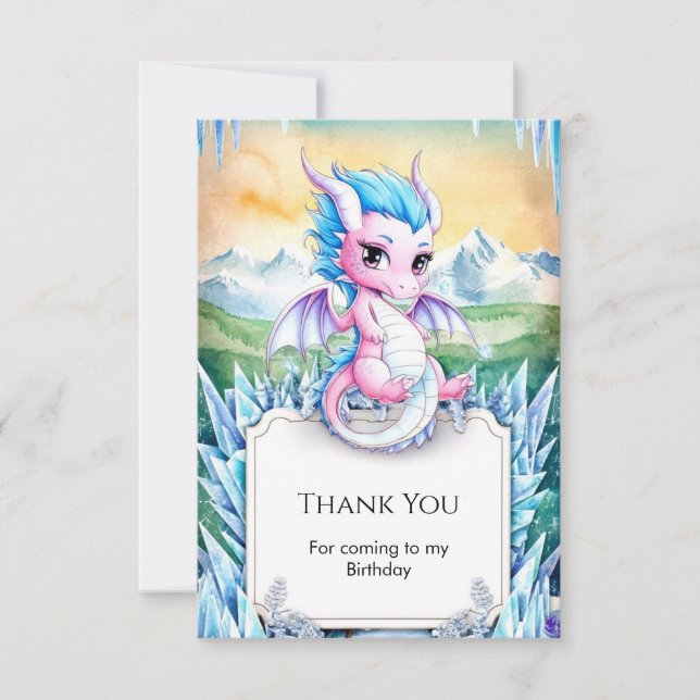 Cute Enchanted Ice Dragon Birthday Thank You Card (Front)