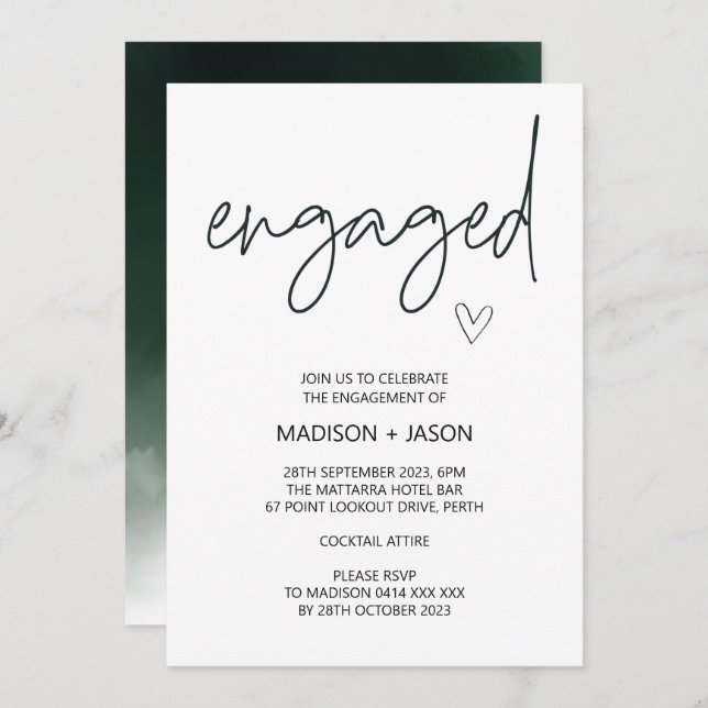 Cute Engaged Engagement Party Black White Simple Invitation (Front/Back)