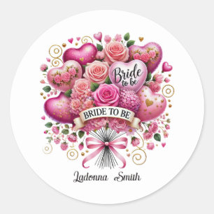 Cute engagement party Bride add name Classic Round Sticker