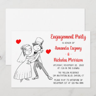 Cute Engagement Party Cartoon Bride Groom Wedding Invitation