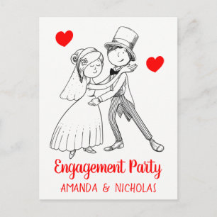 Cute Engagement Party Cartoon Bride Groom Wedding Invitation Postcard