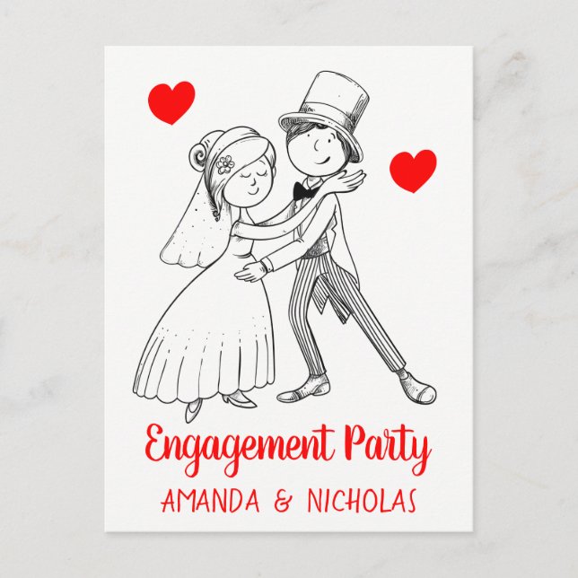 Cute Engagement Party Cartoon Bride Groom Wedding Invitation Postcard (Front)