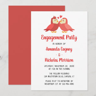 Cute Engagement Party Lovebirds Red Pink Wedding Invitation