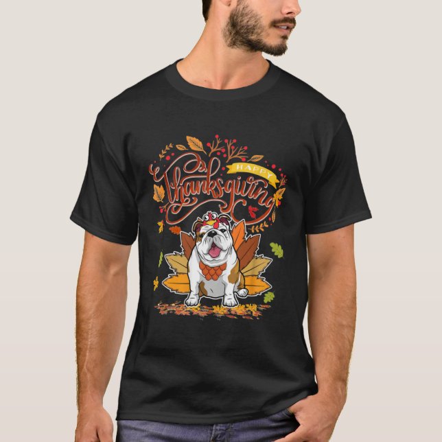 Cute English Bull Dog Happy Thanksgiving Turkey Do T-Shirt (Front)