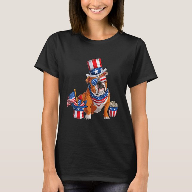 Cute English Bulldog 4th July American Flag Patrio T-Shirt (Front)