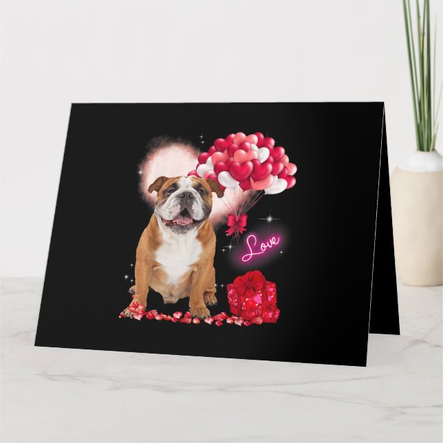 Cute English Bulldog Balloon Heart Valentines Day  Card (Front)