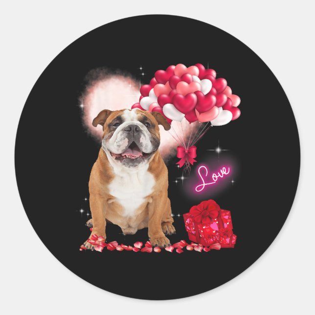 Cute English Bulldog Balloon Heart Valentines Day  Classic Round Sticker (Front)