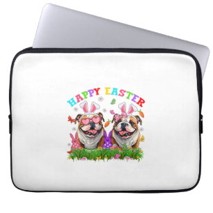Cute English Bulldog Dog & Bunny Ears Eggs Happy E Laptop Sleeve