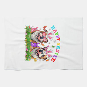 Cute English Bulldog Dog & Bunny Ears Eggs Happy E Tea Towel