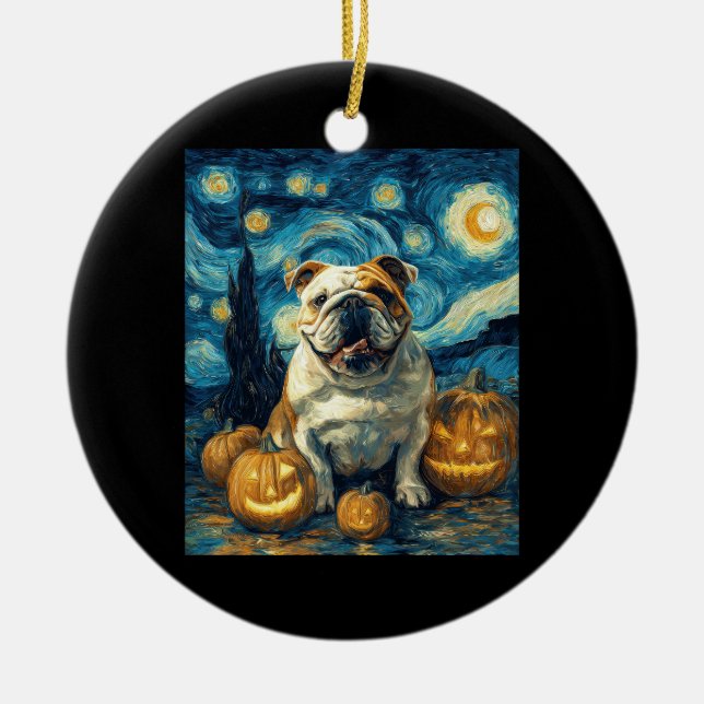 Cute English Bulldog Dog Halloween Jack O Lantern  Ceramic Tree Decoration (Front)