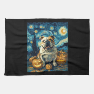 Cute English Bulldog Dog Halloween Jack O Lantern Tea Towel