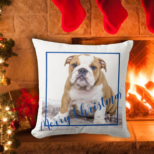 Cute English Bulldog Merry Christmas Holiday Photo Cushion