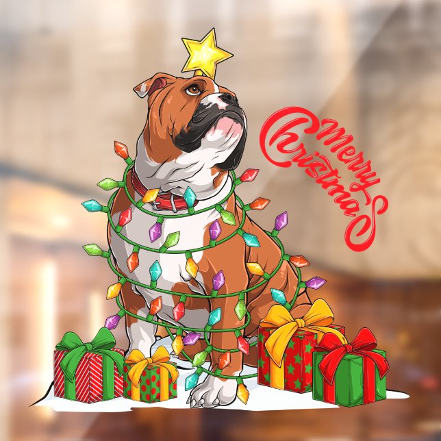 Cute English Bulldog Merry Christmas Lights Gifts  Window Cling (Sheet 2)