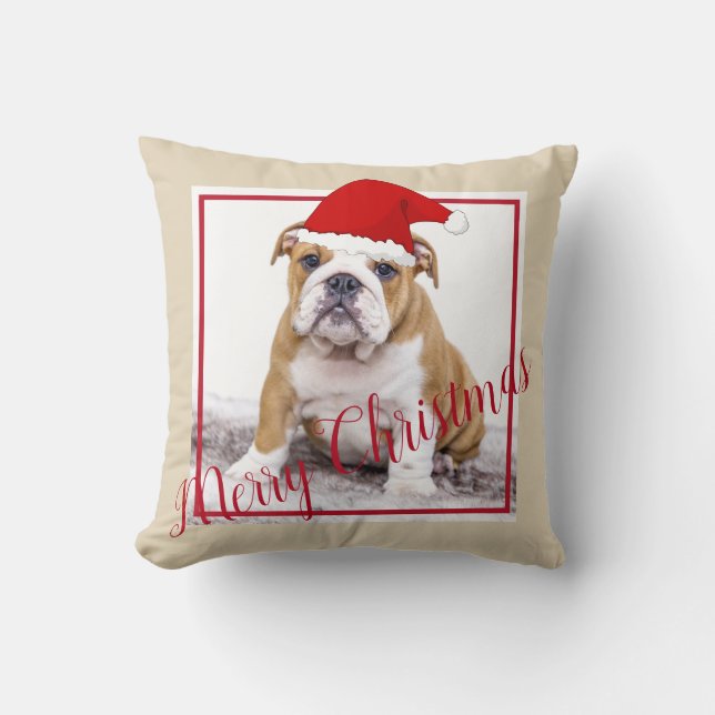 Cute English Bulldog Merry Christmas Photo Cushion (Front)