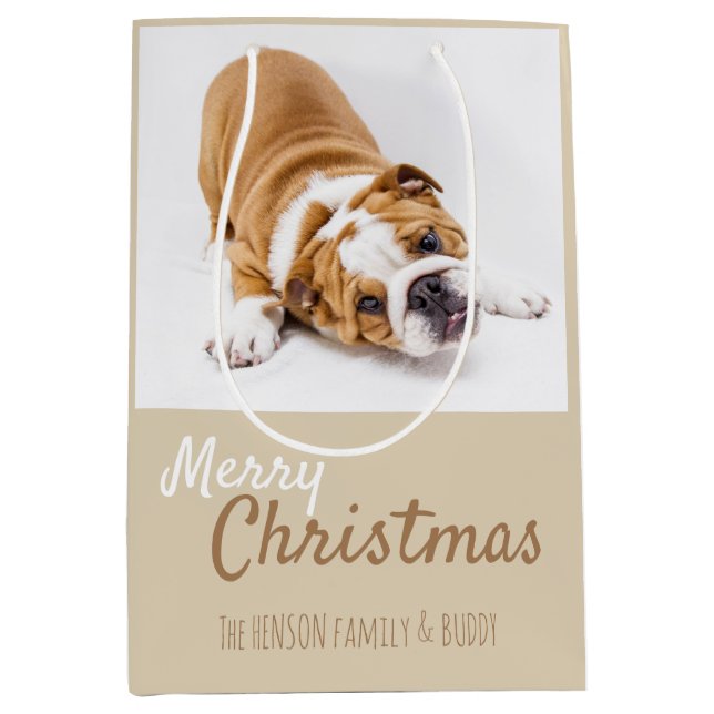 Cute English Bulldog Puppy Photo Christmas Medium Gift Bag (Front)