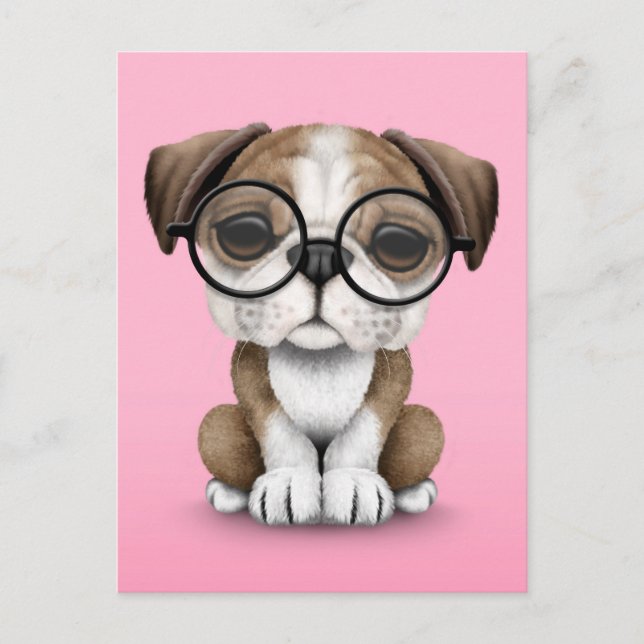 Cute English Bulldog Puppy Wearing Glasses Pink Postcard (Front)