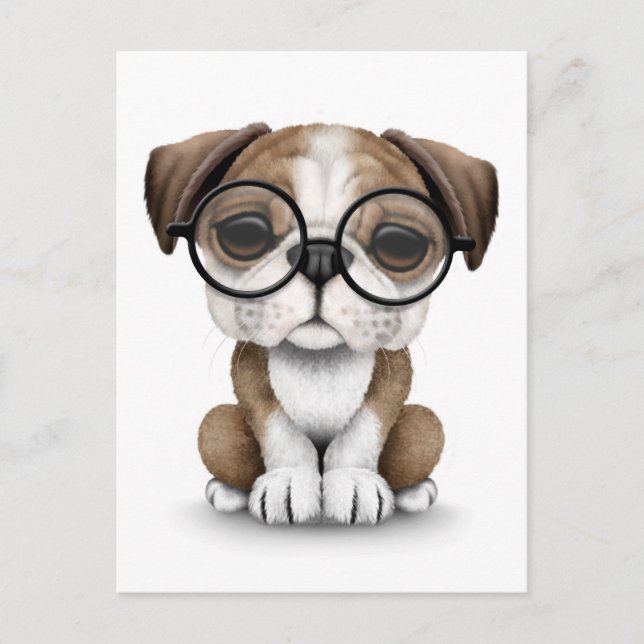 Cute English Bulldog Puppy Wearing Glasses White Postcard (Front)
