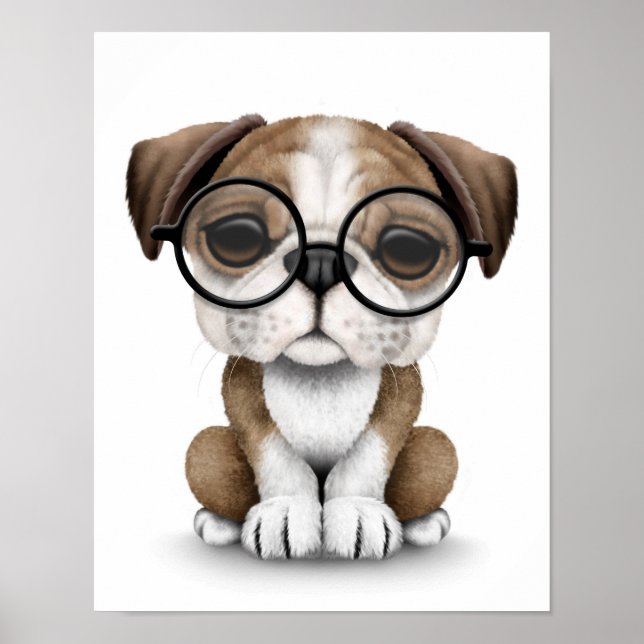 Cute English Bulldog Puppy Wearing Glasses White Poster (Front)