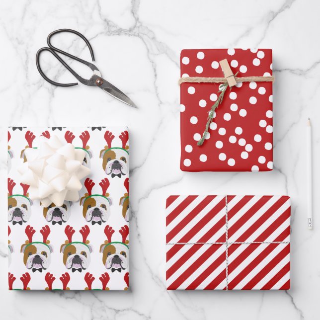 Cute English Bulldog & Red Striped Christmas Wrapping Paper Sheet (Front)