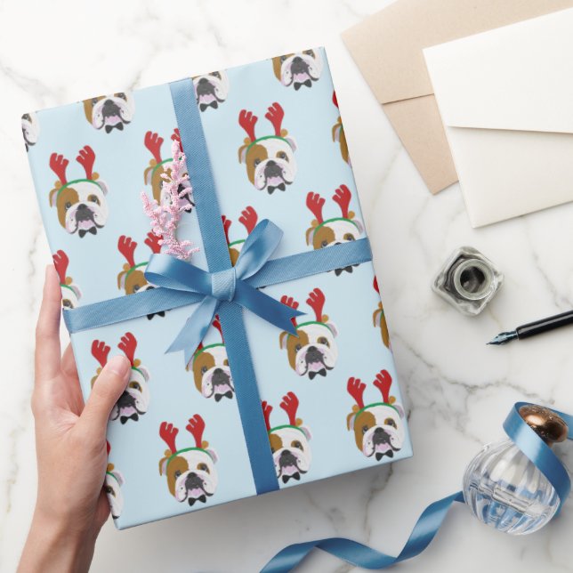 Cute English Bulldog with Reindeer Hat - Christmas Wrapping Paper (Gifting)