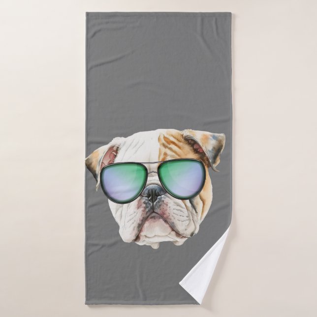 Cute english bulldog with sunglasses, Funny puppy  Bath Towel (Bath Towel)