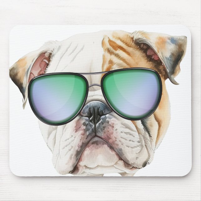 Cute english bulldog with sunglasses, Funny puppy Mouse Mat (Front)